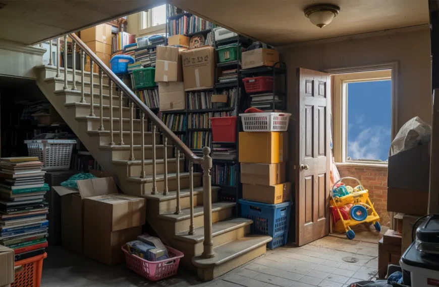 Stairwell going up to an attack with boxes and shelving with books and baskets and junk on old tiled floors in a home