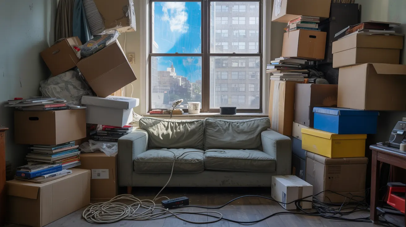 Cluttered apartment unit with cords and boxes stacked high and unsafely creating a home hazard