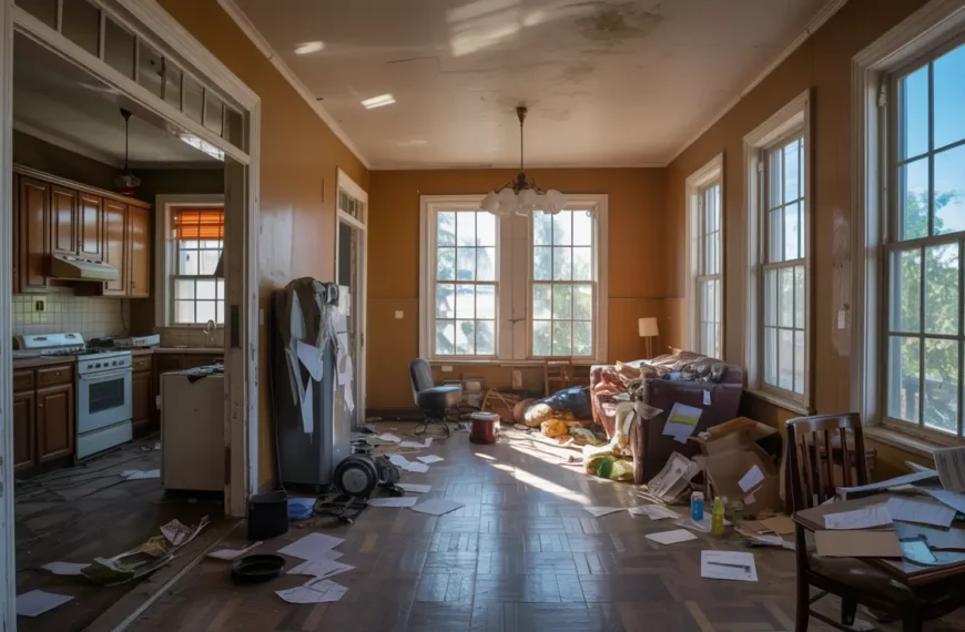 Home under foreclosure looking into a dirty kitchen and living area with windows all around junk and trash everywhere on floors and furniture left behind