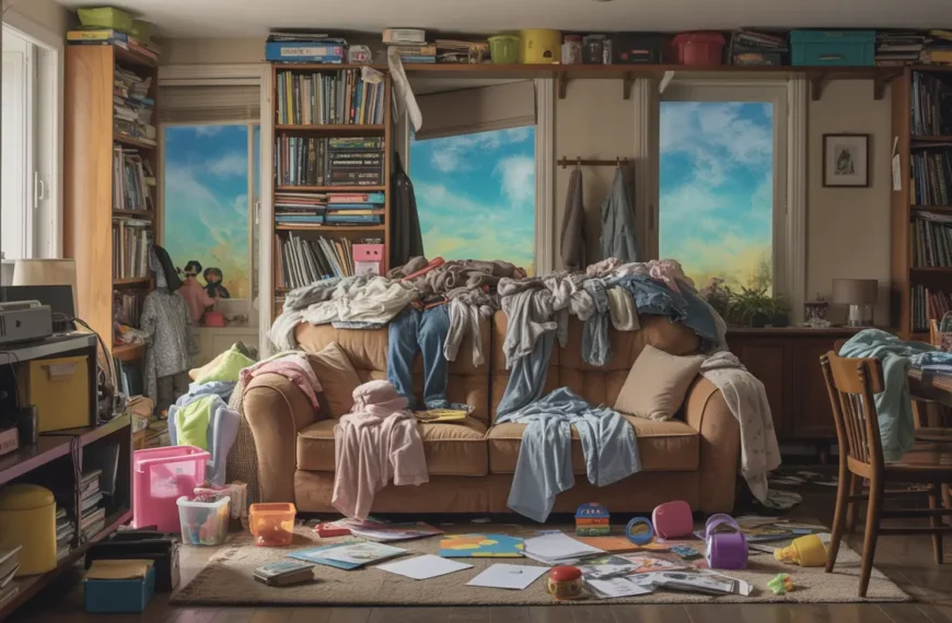 a kitchen dining table and living room couch all covered with clothes, toys on floor, junk and books and papers all over shelves stacked to the ceiling