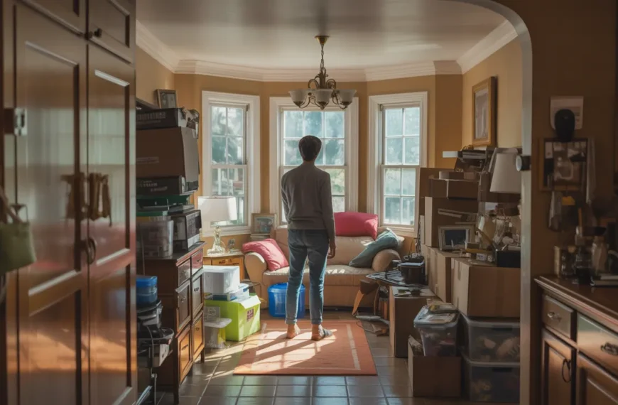 A realtor standing and looking at a trashed kitchen and breakfast area looking out the bay window of the overwhelm of junk in the house