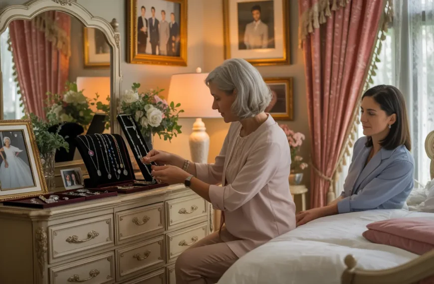 A senior mother and daughter sitting on a bed going through old jewelry on a chest of drawers with photos all around