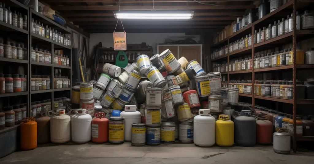 Storage room of hazardous waste on storage shelves stacked to the ceiling with propane canisters.