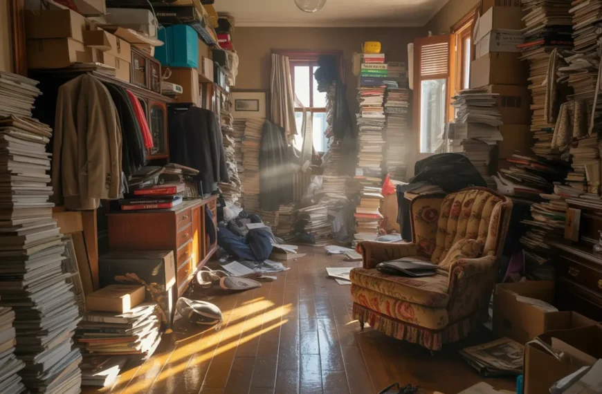 House of someone living with hoarding disorder, books, magazines, trash stacked floor to ceiling covering every wall and hardwood floor